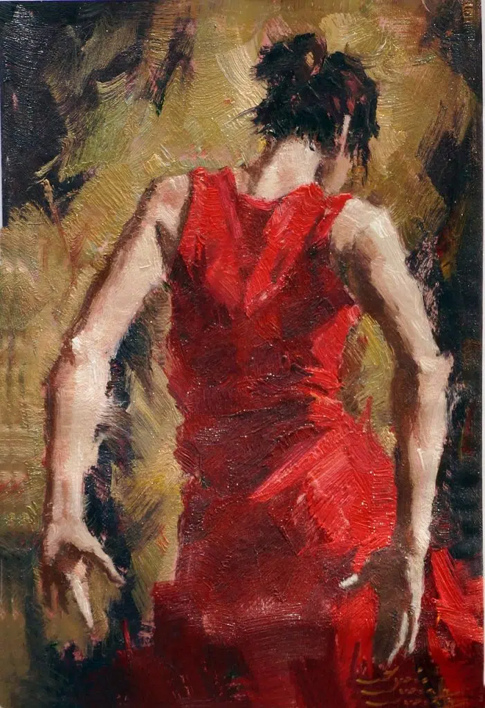 Pintura de bailaora con vestido rojo en estilo artístico flamenco